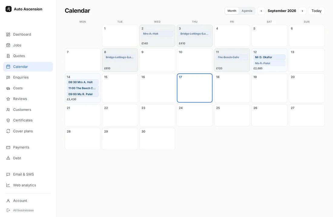 The app’s Calendar on a laptop: September 2026 in month view, with each day’s jobs and takings.