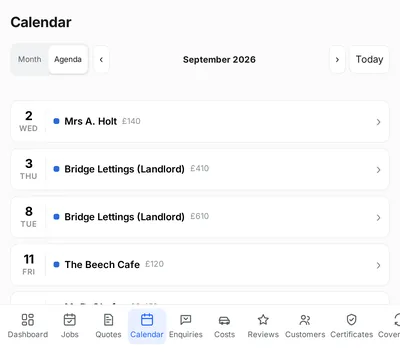 The app's calendar: September's jobs listed by day with the
                        customer, the time and the price.