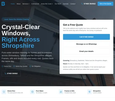 Battlefield Window Cleaning's website: a pure-water window
                        cleaning company in Shrewsbury, with a quote form beside the
                        hero.