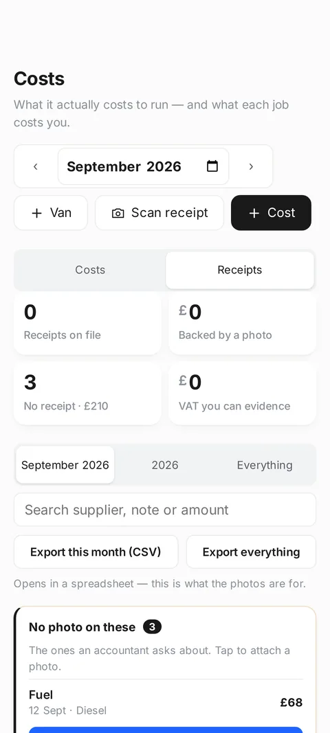 The app’s Costs screen: September’s spending with a receipt scanner.
