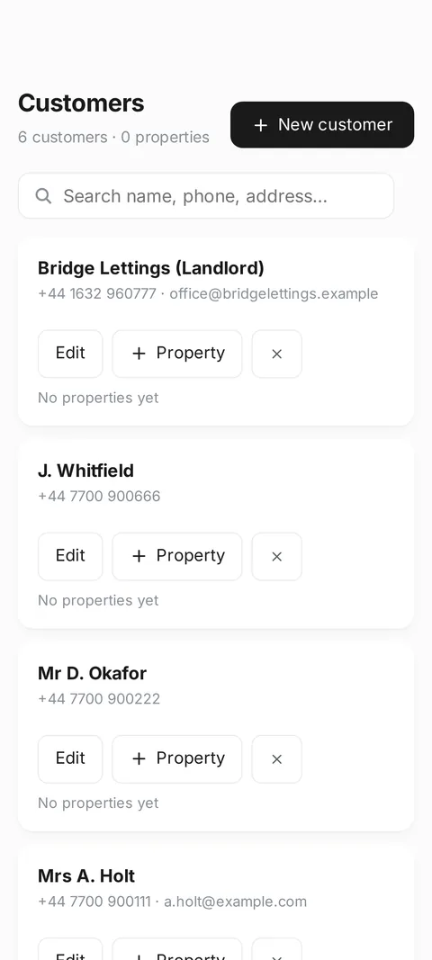 The app’s Customers screen: customers with their numbers and properties.