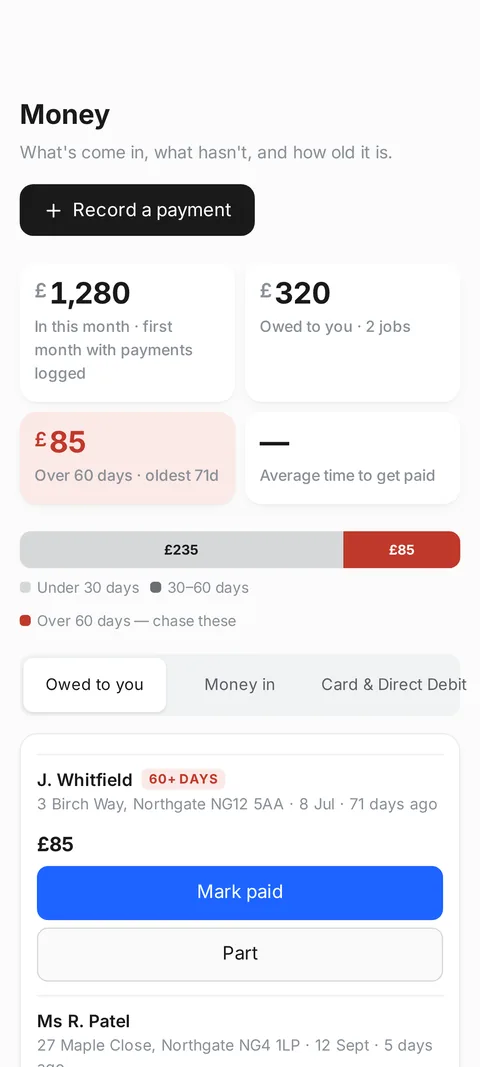 The app’s Money screen: what has come in, what is owed and how old it is.